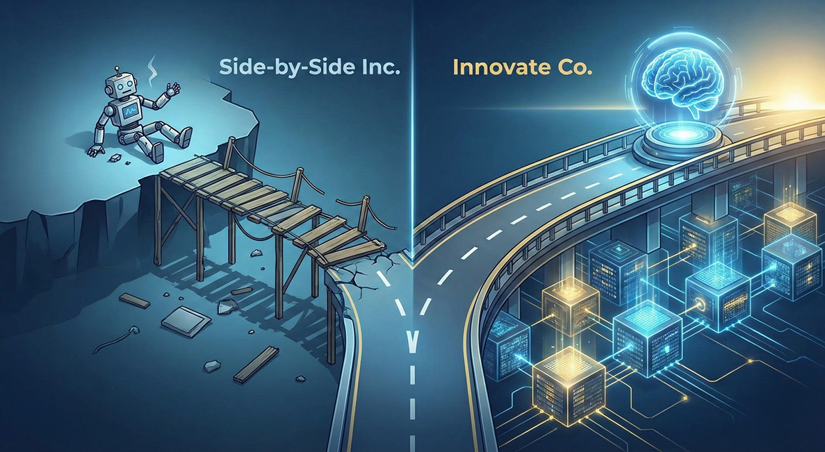 illustrates the "dead end" of a technology-first approach versus the "bridge to the future" built on a strong foundation